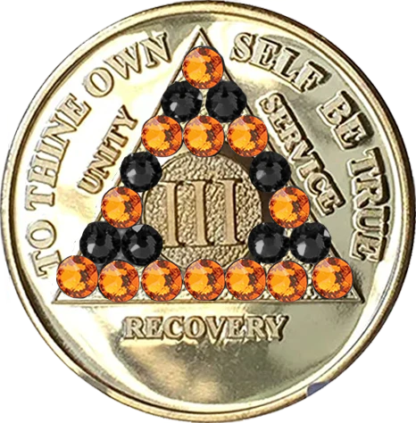 AA Coin, Gold Plated w Black & Orange Crystals, Years 1-50 (#AA119B)