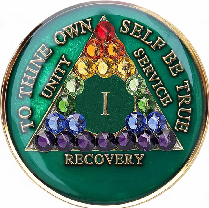 AA Coin, Green AA Chip w Rainbow Crystals (Yrs 1-65) - #A82