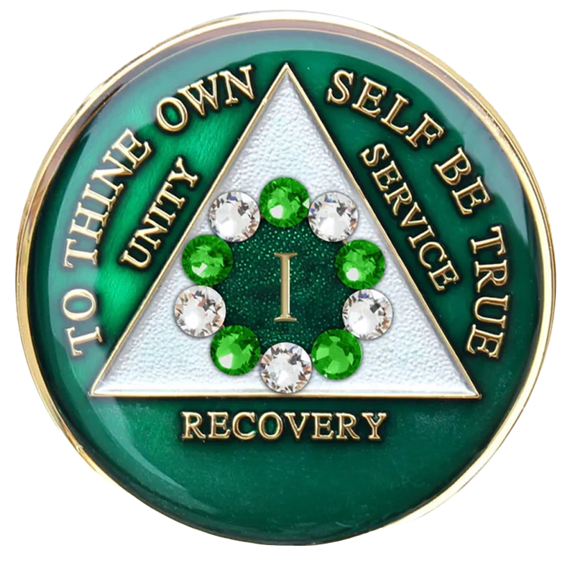 Green AA Chip with White/Green Crystals - Recovery Medallion from Choices Books & Gifts