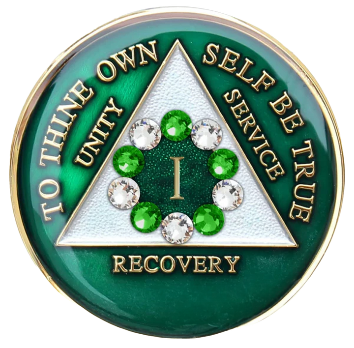Green AA Chip with White/Green Crystals - Recovery Medallion from Choices Books & Gifts