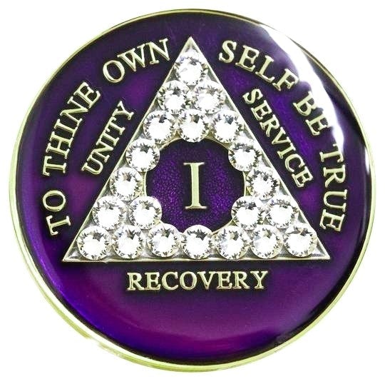 Purple AA Medallion with White Crystals - Recovery Medallion from Choices Books & Gifts