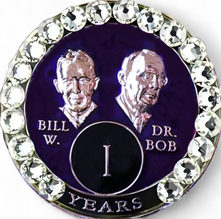 Bill & Bob Medallion, Purple w WH Crystals (Yrs 1-55) - #B14