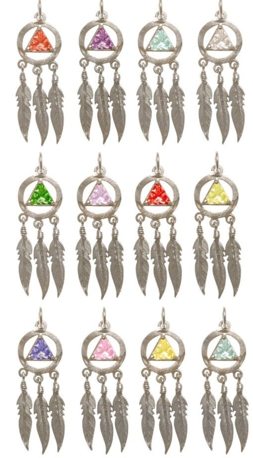 AS10.  AA Symbol with 3 Feathers, Birthstones. Sterling Silver. - Premium Jewelry from 12 Step Gold by Jonathan Friedman - Just $35! Shop now at Choices Books & Gifts