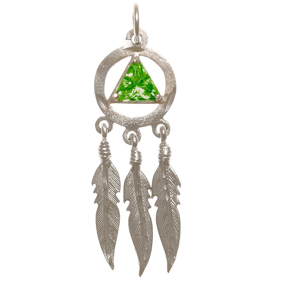 AS10.  AA Symbol with 3 Feathers, Birthstones. Sterling Silver. - Premium Jewelry from 12 Step Gold by Jonathan Friedman - Just $35! Shop now at Choices Books & Gifts
