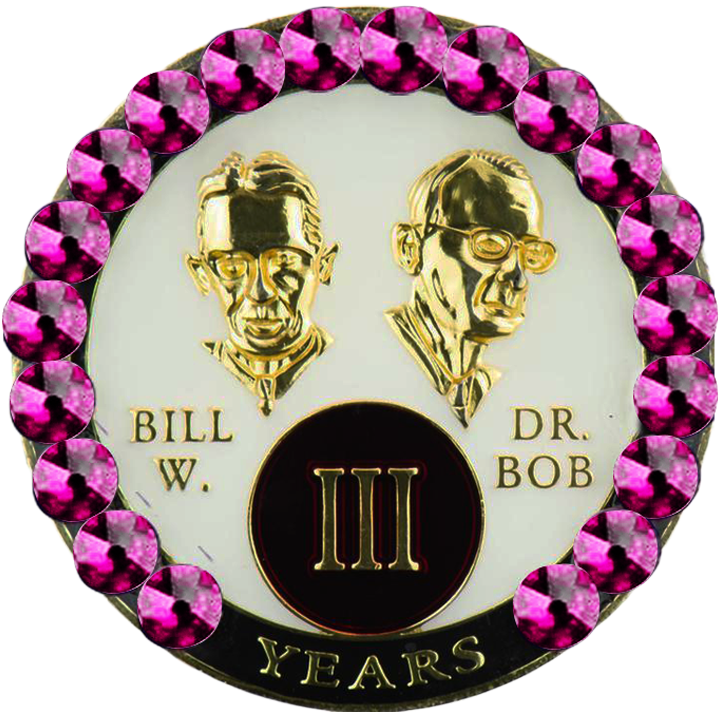 B06. Bill & Bob AA Medallion, White w Pink Crystals (1-55)