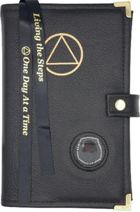 G010. AA Double LEATHER for Hardcover Big Book, AA Symbol w Coin Holder. Available in 2 Colors.