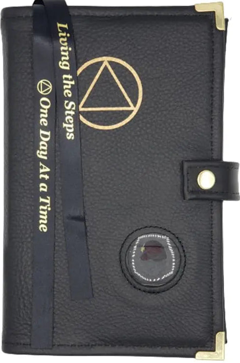 G010. AA Double LEATHER for Hardcover Big Book, AA Symbol w Coin Holder. Available in 2 Colors.