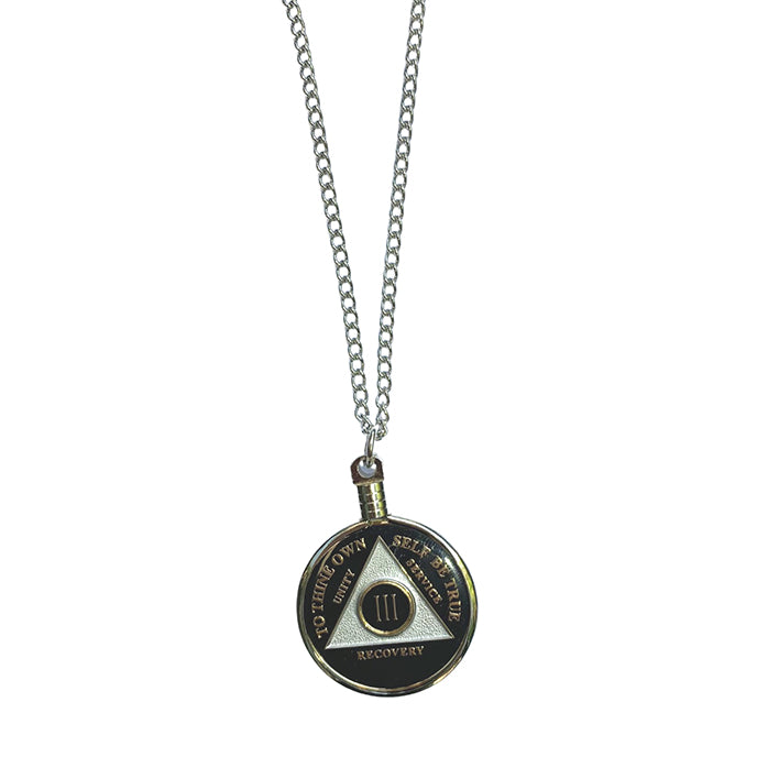 G034. Medallion Holder Necklace: Silver, 24 or 30 in.