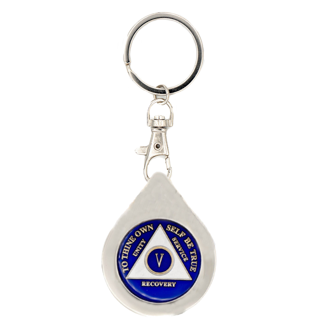 G041. Key Chain: Metal Medallion Holder, Shiny or Brushed, Silver TEAR DROP.