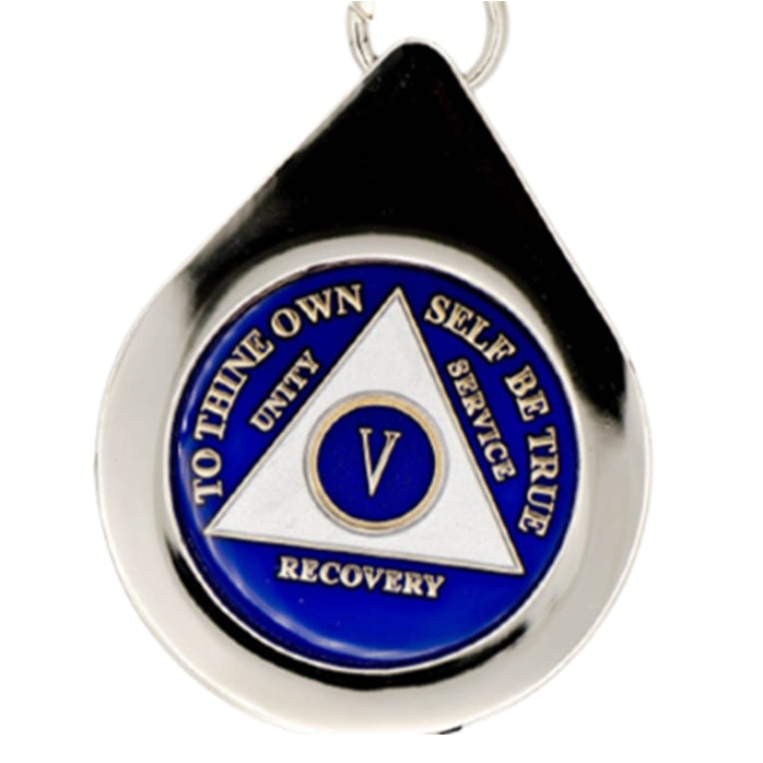 G041. Key Chain: Metal Medallion Holder, Shiny or Brushed, Silver TEAR DROP.