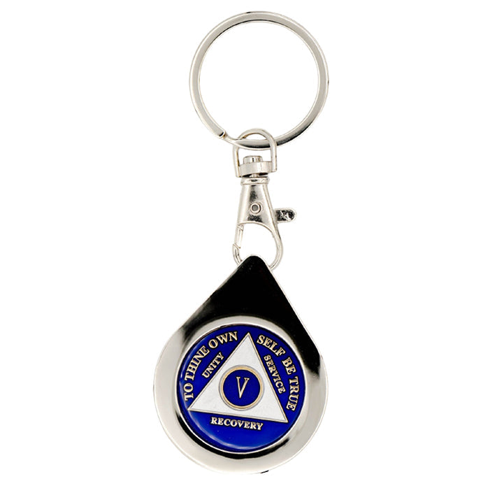 G041. Key Chain: Metal Medallion Holder, Shiny or Brushed, Silver TEAR DROP.