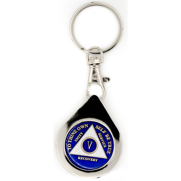 G041. Key Chain: Metal Medallion Holder, Shiny or Brushed, Silver TEAR DROP.