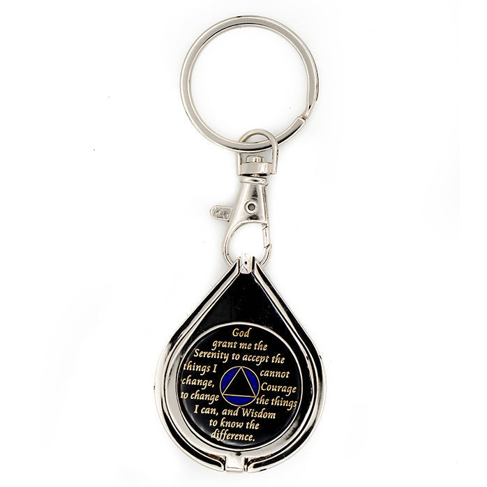 G041. Key Chain: Metal Medallion Holder, Shiny or Brushed, Silver TEAR DROP.