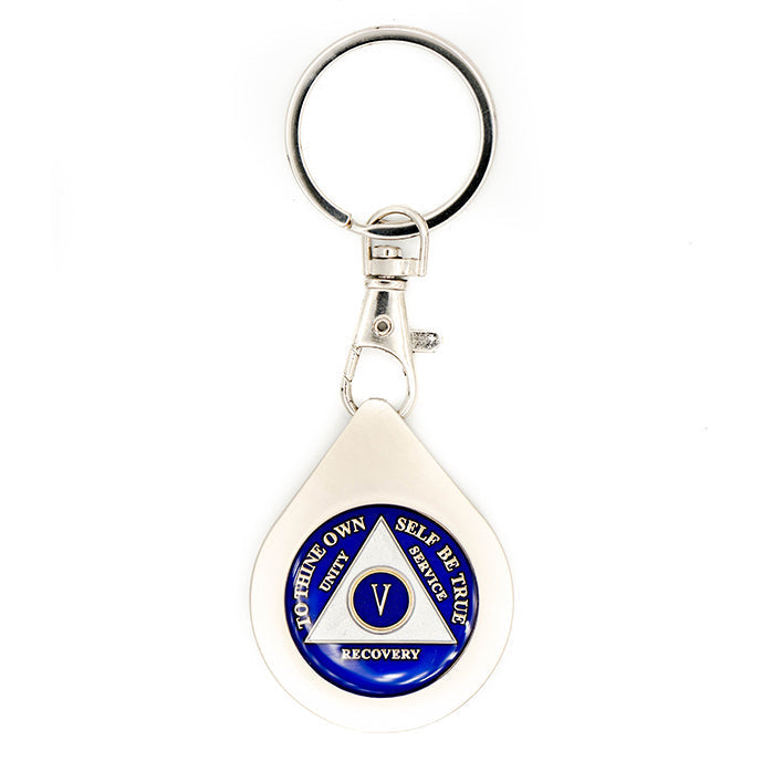 G041. Key Chain: Metal Medallion Holder, Shiny or Brushed, Silver TEAR DROP.