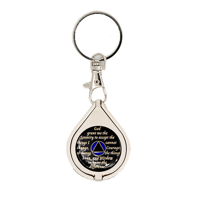 G041. Key Chain: Metal Medallion Holder, Shiny or Brushed, Silver TEAR DROP.