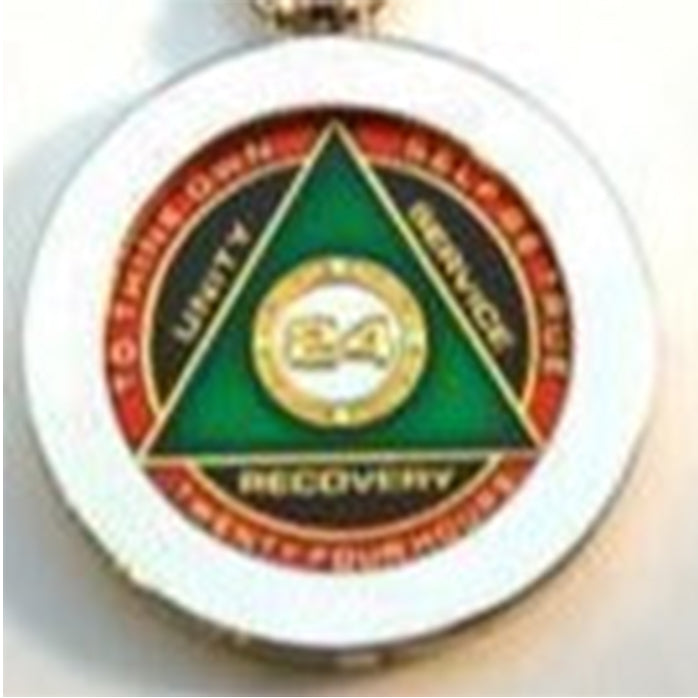G042. Key Chain: Metal Medallion Holder, Shiny or Brushed, Silver ROUND.