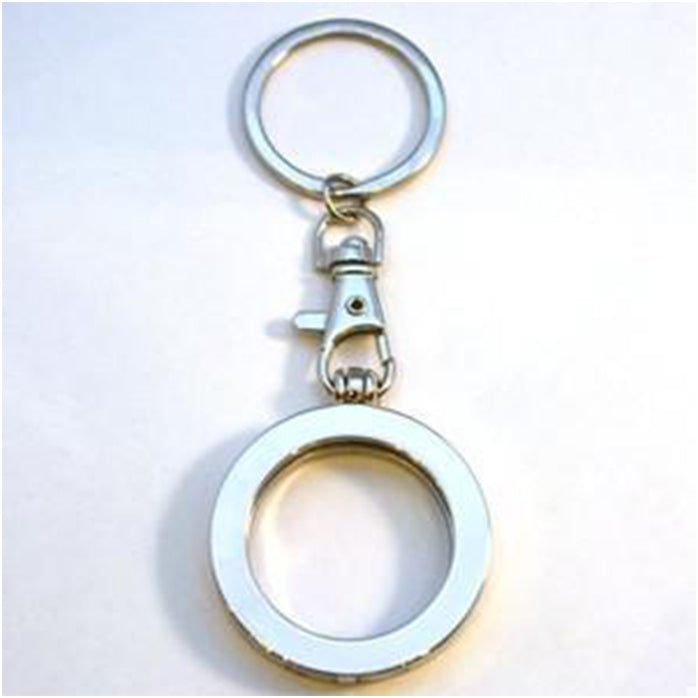G042. Key Chain: Metal Medallion Holder, Shiny or Brushed, Silver ROUND.