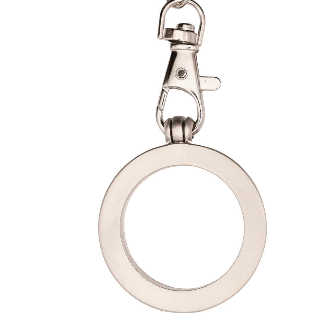 G042. Key Chain: Metal Medallion Holder, Shiny or Brushed, Silver ROUND.