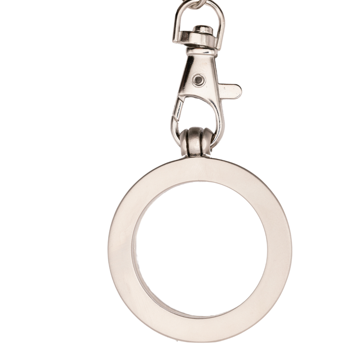 G042. Key Chain: Metal Medallion Holder, Shiny or Brushed, Silver ROUND.