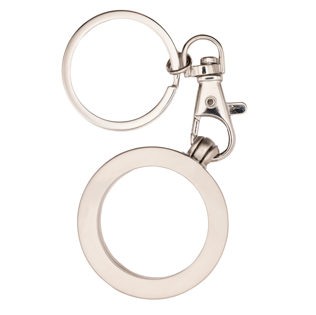 G042. Key Chain: Metal Medallion Holder, Shiny or Brushed, Silver ROUND.