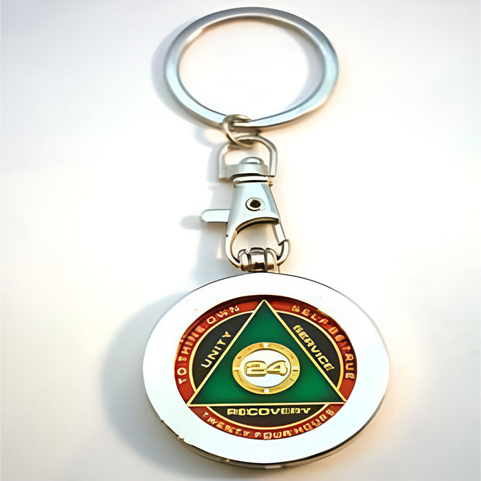 G042. Key Chain: Metal Medallion Holder, Shiny or Brushed, Silver ROUND.