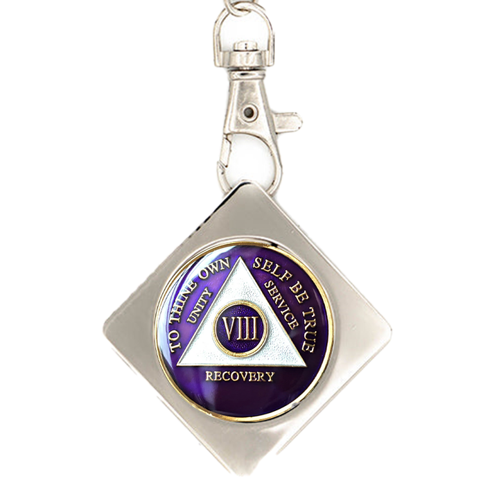 G043. Key Chain: Metal Medallion Holder, Shiny or Brushed, Silver SQUARE.