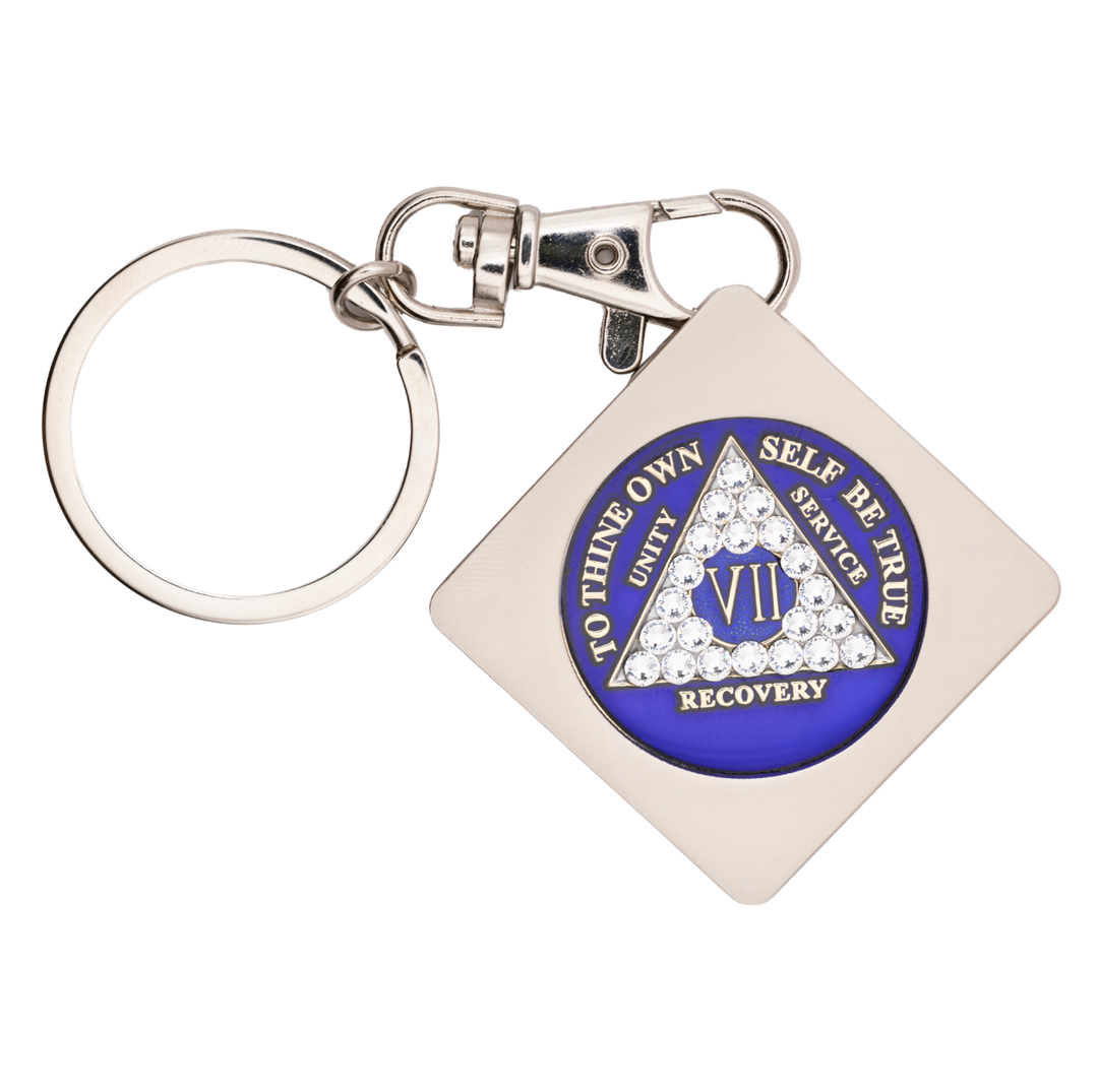 G043. Key Chain: Metal Medallion Holder, Shiny or Brushed, Silver SQUARE.