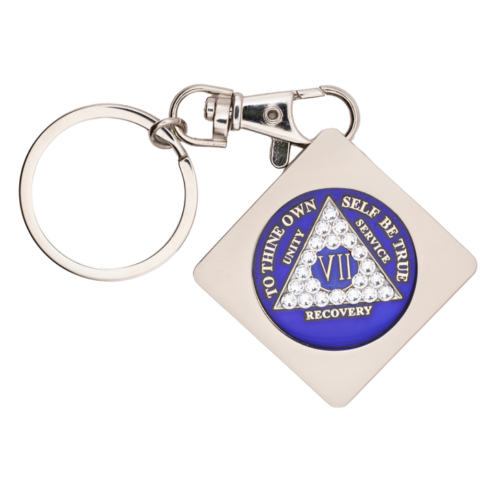 G043. Key Chain: Metal Medallion Holder, Shiny or Brushed, Silver SQUARE.