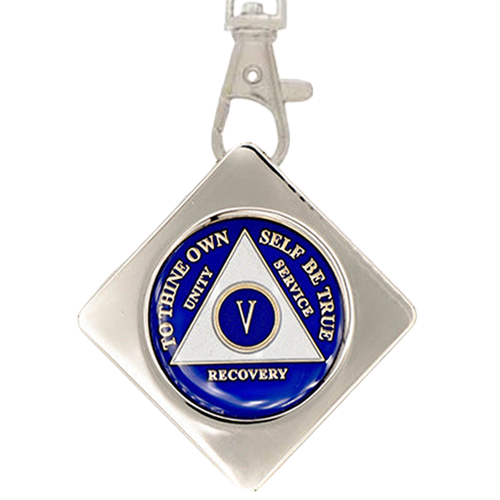 G043. Key Chain: Metal Medallion Holder, Shiny or Brushed, Silver SQUARE.