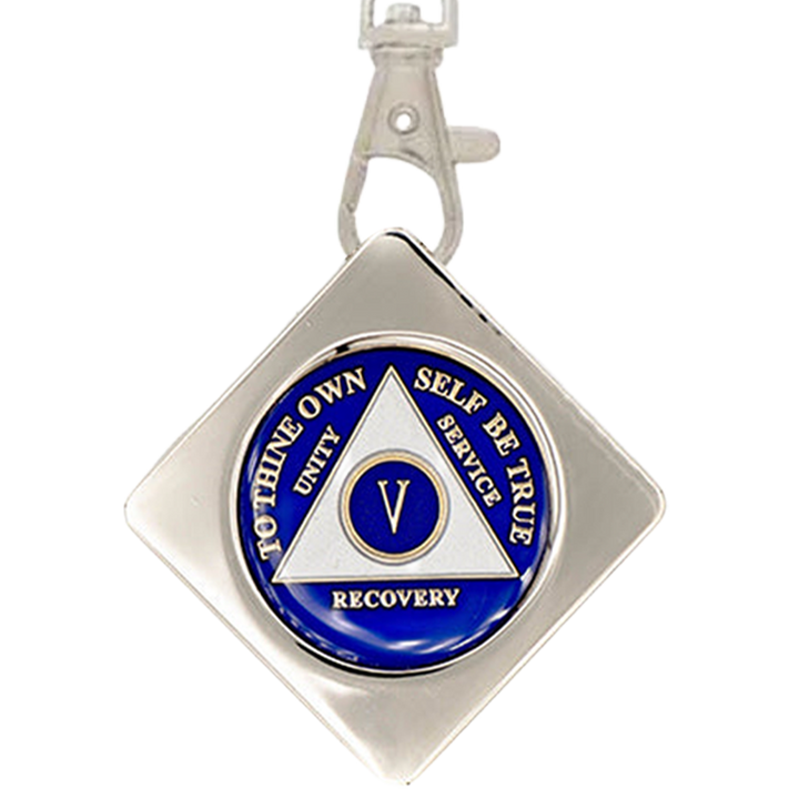 G043. Key Chain: Metal Medallion Holder, Shiny or Brushed, Silver SQUARE.