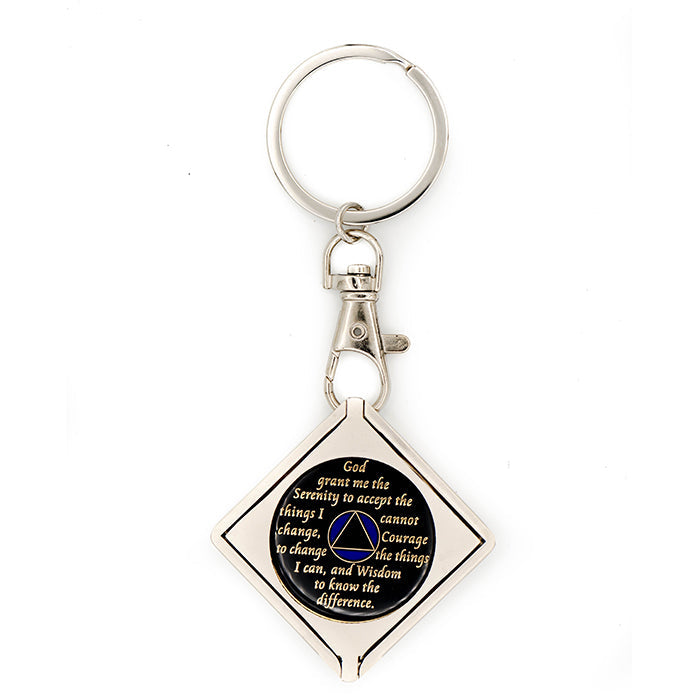 G043. Key Chain: Metal Medallion Holder, Shiny or Brushed, Silver SQUARE.