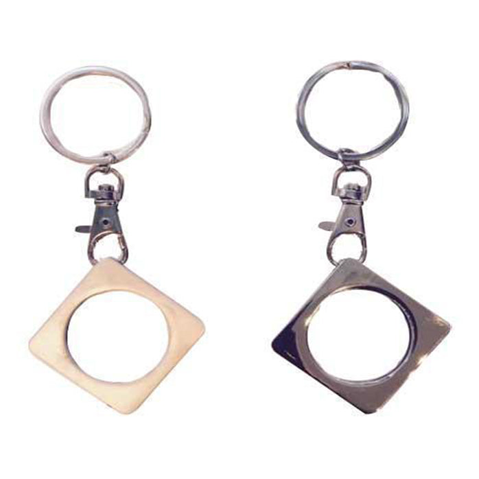 G043. Key Chain: Metal Medallion Holder, Shiny or Brushed, Silver SQUARE.