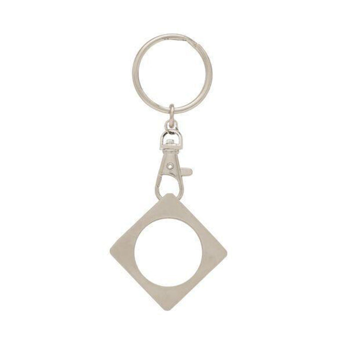 G043. Key Chain: Metal Medallion Holder, Shiny or Brushed, Silver SQUARE.