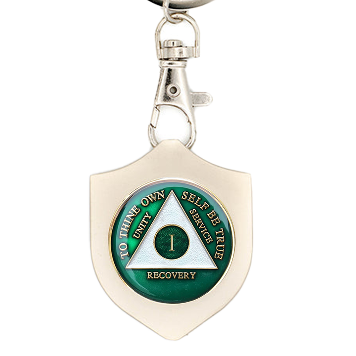 G045. Key Chain: Metal Medallion Holder, Shiny or Brushed, Silver SHIELD.