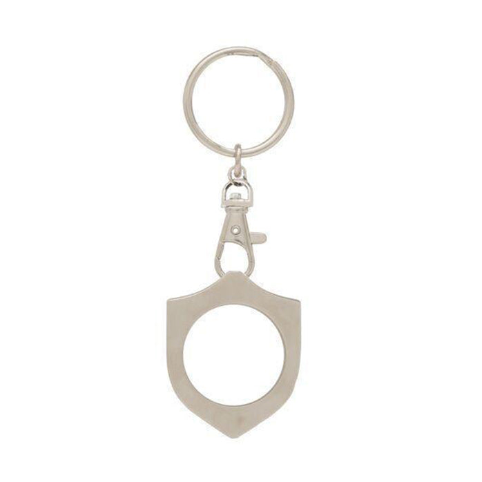 G045. Key Chain: Metal Medallion Holder, Shiny or Brushed, Silver SHIELD.