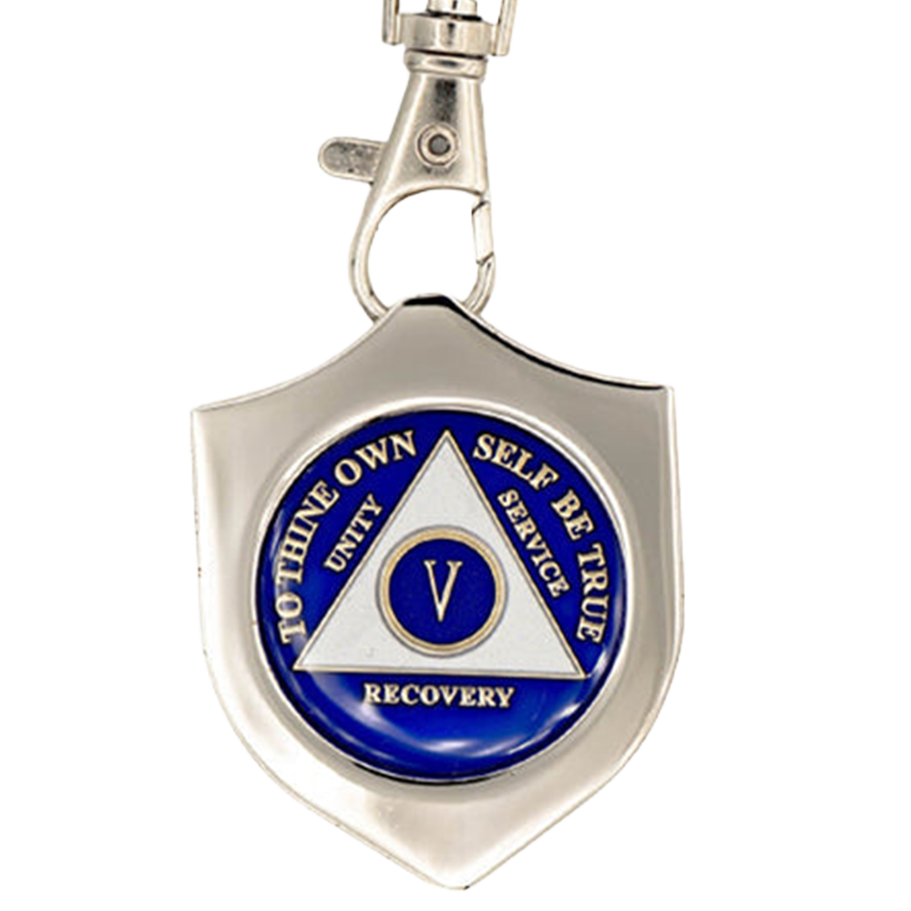 G045. Key Chain: Metal Medallion Holder, Shiny or Brushed, Silver SHIELD.