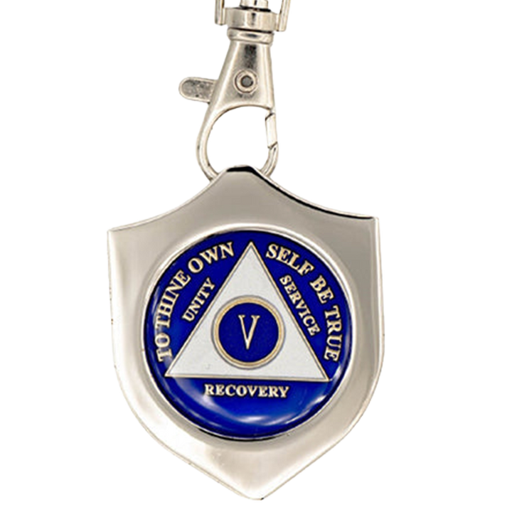 G045. Key Chain: Metal Medallion Holder, Shiny or Brushed, Silver SHIELD.