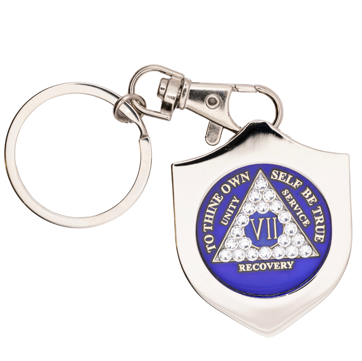 G045. Key Chain: Metal Medallion Holder, Shiny or Brushed, Silver SHIELD.