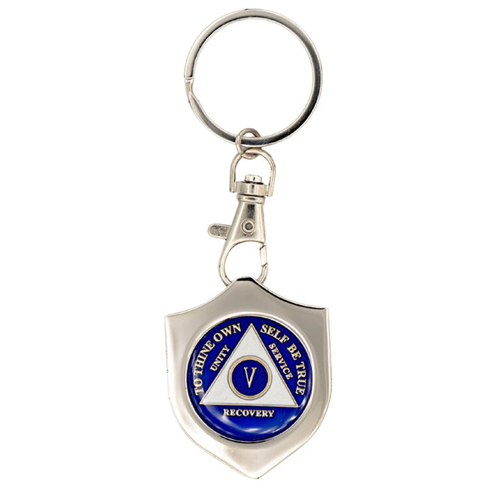G045. Key Chain: Metal Medallion Holder, Shiny or Brushed, Silver SHIELD.