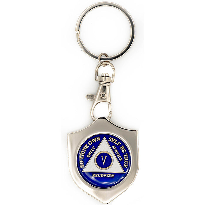 G045. Key Chain: Metal Medallion Holder, Shiny or Brushed, Silver SHIELD.
