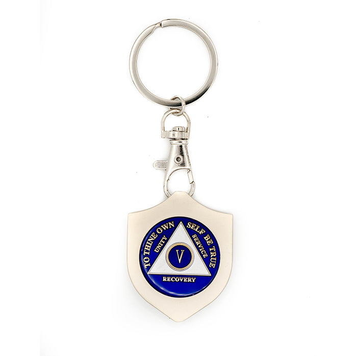 G045. Key Chain: Metal Medallion Holder, Shiny or Brushed, Silver SHIELD.