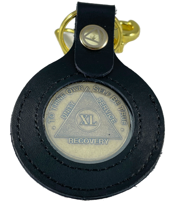 G048. Key Chain: AA Gold Leather Medallion Holder - Choices Books & Gifts