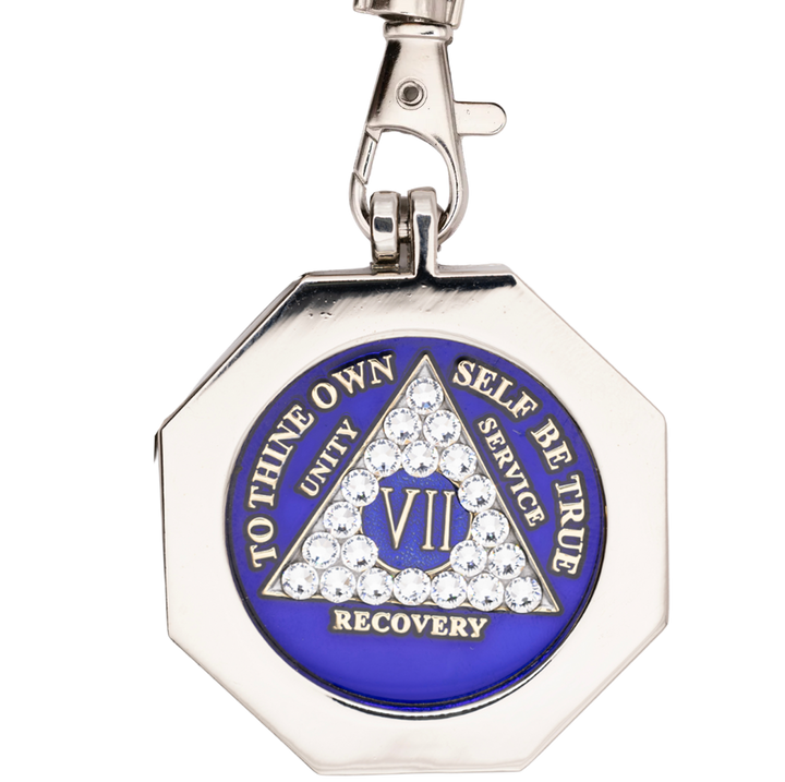 G049. Key Chain: Metal Medallion Holder, Shiny or Brushed, STOP SIGN.