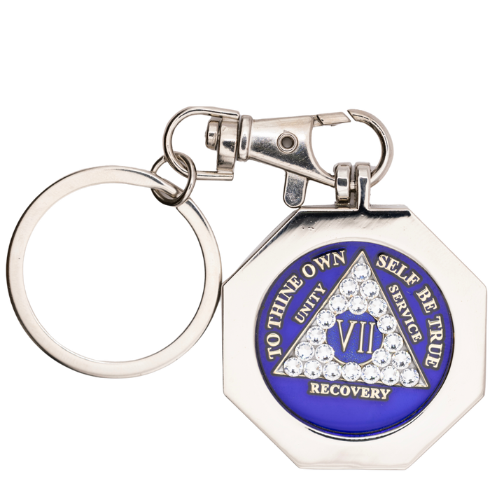 G049. Key Chain: Metal Medallion Holder, Shiny or Brushed, STOP SIGN.
