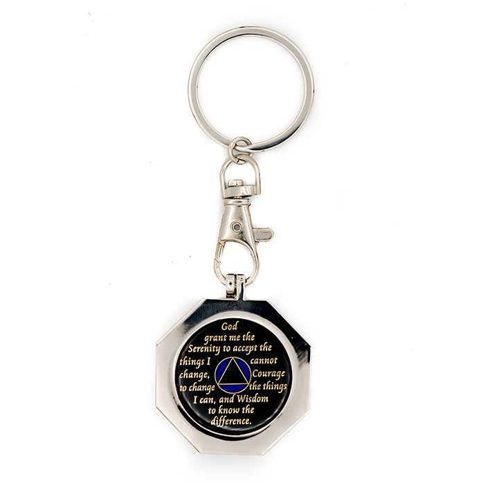 G049. Key Chain: Metal Medallion Holder, Shiny or Brushed, STOP SIGN.