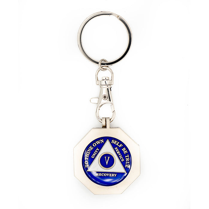G049. Key Chain: Metal Medallion Holder, Shiny or Brushed, STOP SIGN.