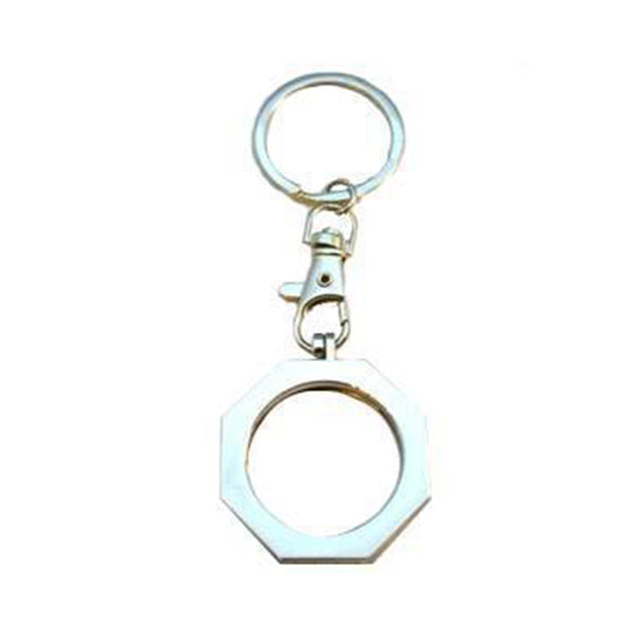 G049. Key Chain: Metal Medallion Holder, Shiny or Brushed, STOP SIGN.