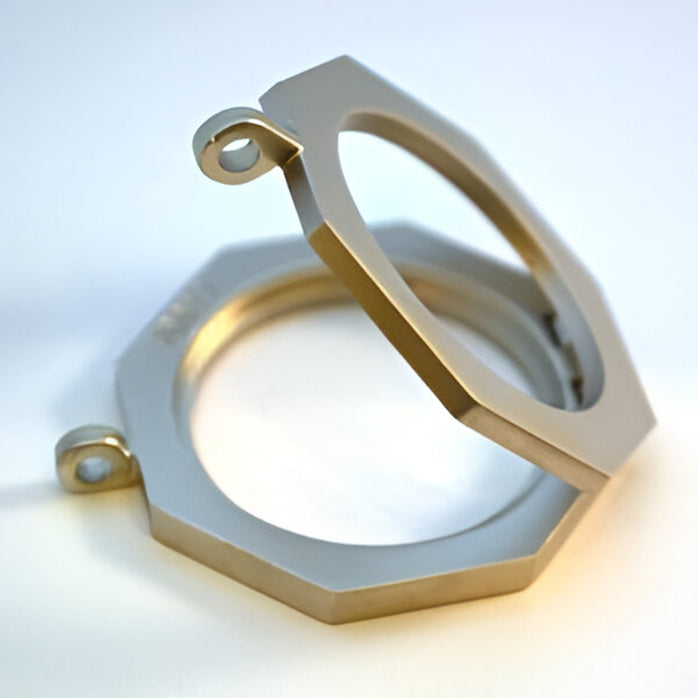 G049. Key Chain: Metal Medallion Holder, Shiny or Brushed, STOP SIGN.