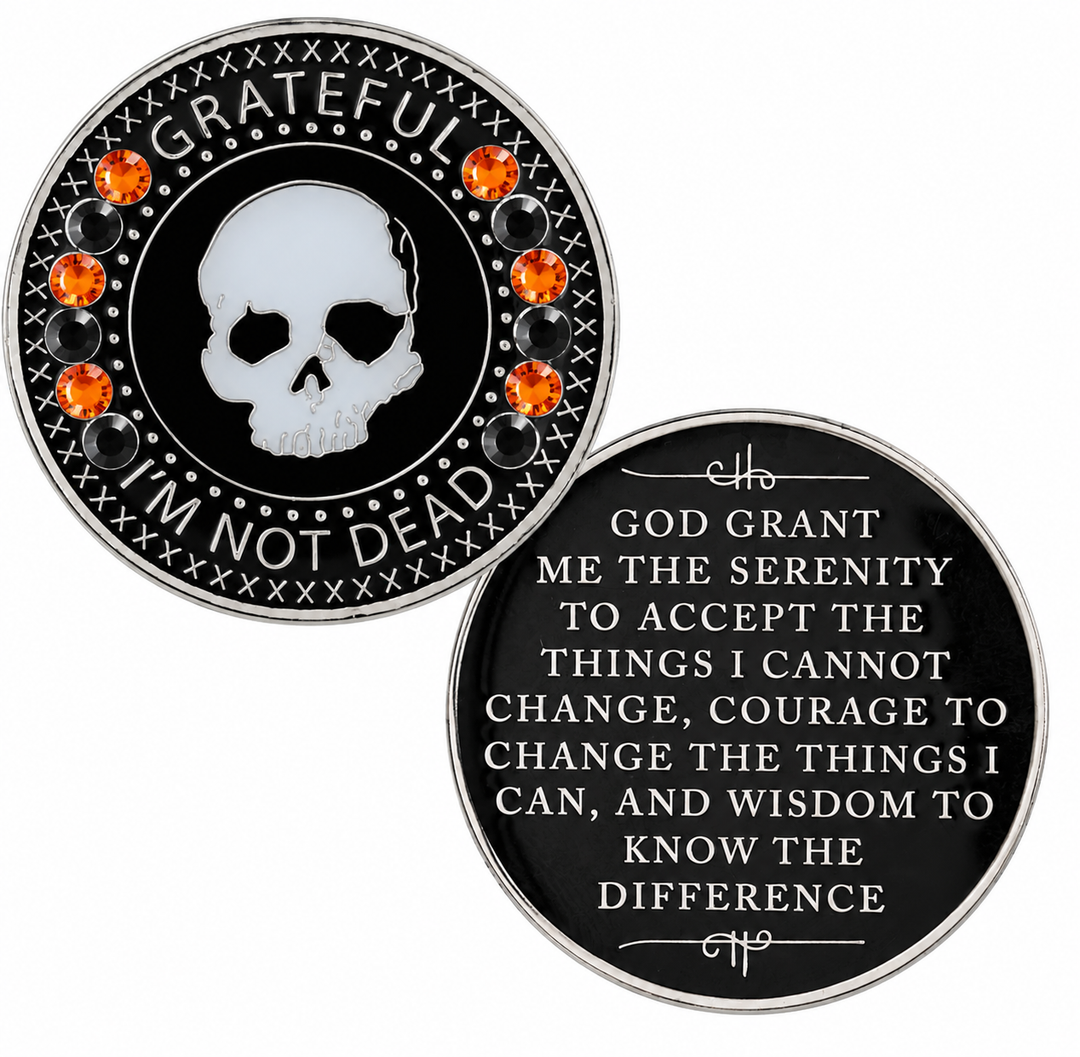 Grateful I'm Not Dead Coin, Orange & Black Crystals - Recovery Medallion from Choices Books & Gifts