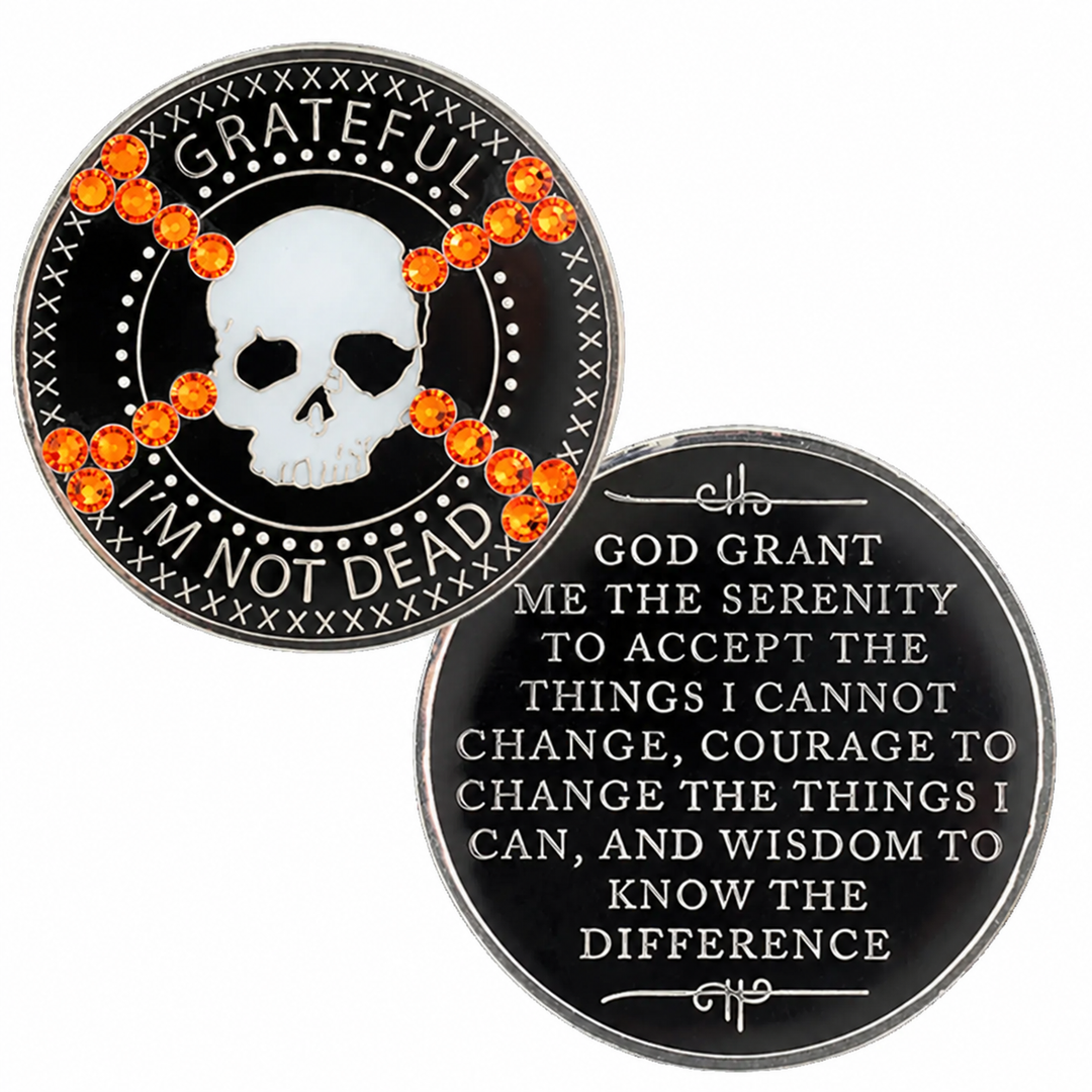 Grateful I'm Not Dead Medallion with Orange Crystals, Front and Back - Recovery Medallion from Choices Books & Gifts